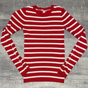 Vine & Love Red White Stripe Sweater Womens XS Ribbed Fitted Pearl Button Sleeve
